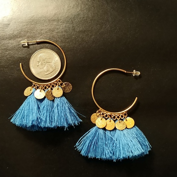 β€π Gold & mid Blue Coin Tassel Boho Hoop Earrings - Picture 2 of 4